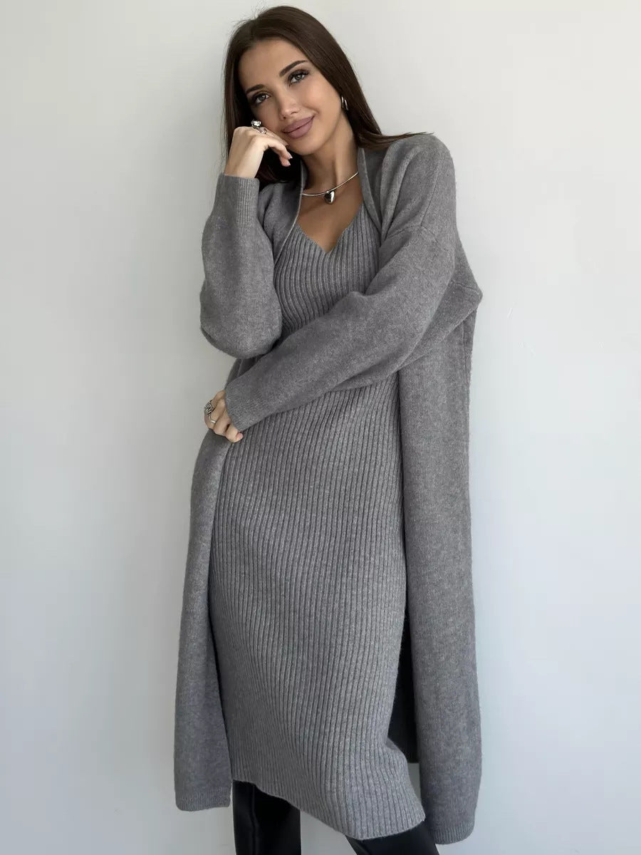 2pcs Knitted Suit Fashion Slim Sleeveless Long Dress And Casual Loose Cardigan Spring Fall Women's Clothing